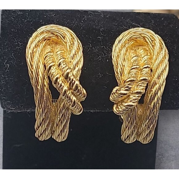 VINTAGE Christian Dior Cordage Knots Clip On Earrings Textured Gold Plated - Picture 10 of 12